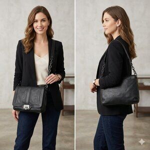 Cole Haan Black Leather & Snakeskin Embossed Flap Shoulder Bag Gunmetal Hardware